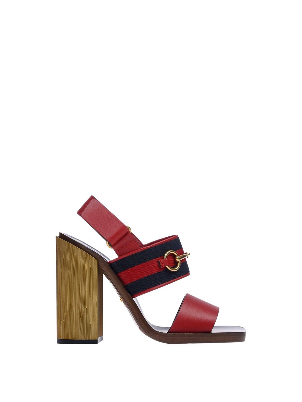 Gucci Red and Navy Block Heel Sandals with Gold Horsebit - Picture 2 of 4